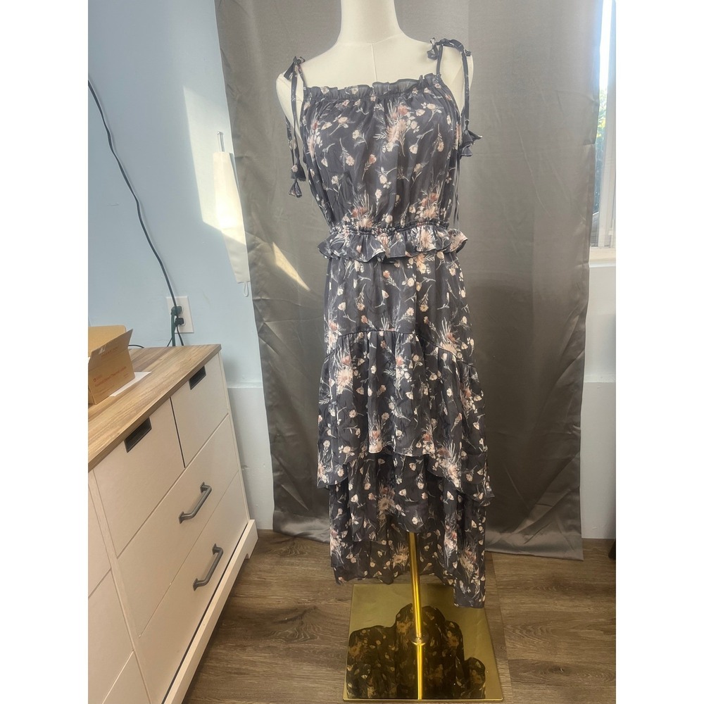 Lovestitch Womens Floral High Low Dress L Grey Pink Boho Fairy Sleeveless Ruffle